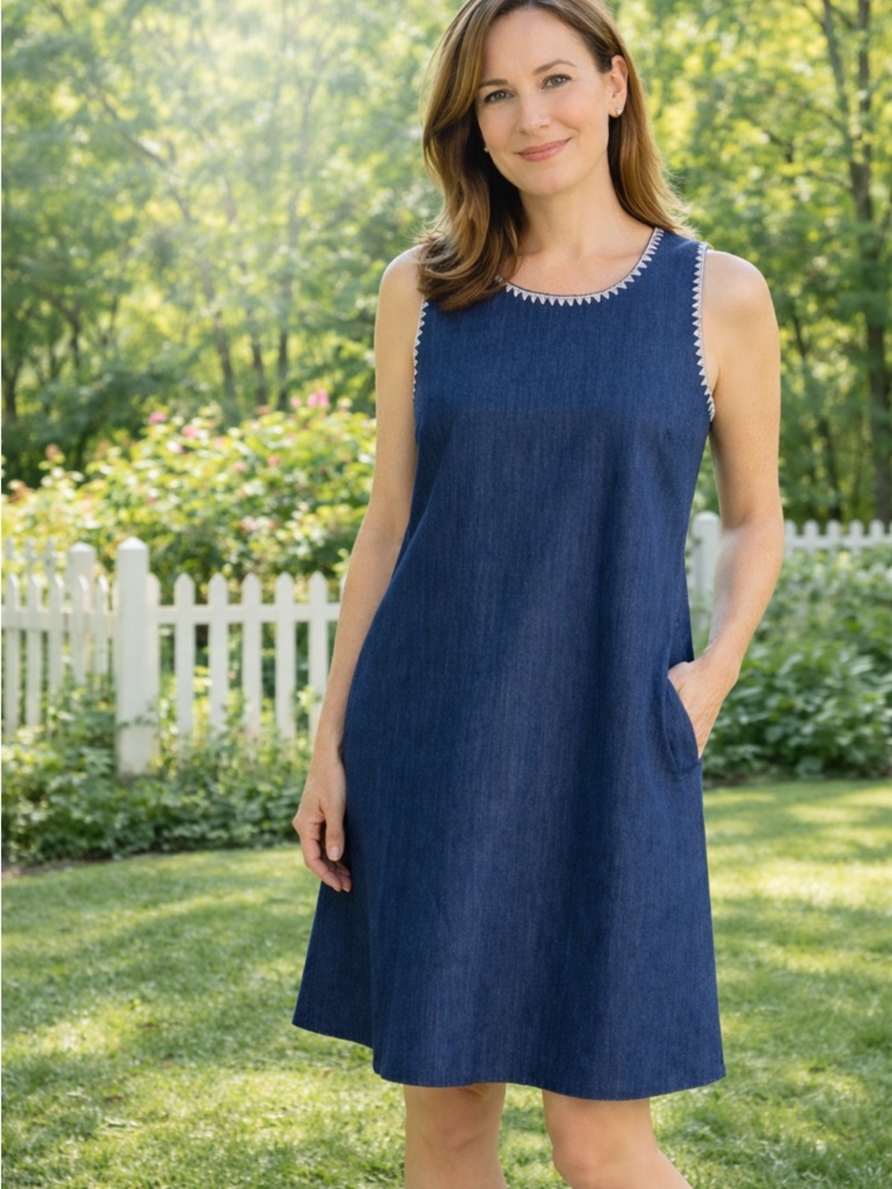 Calvin Klein dark blue A-line sleeveless dress with embroidered trim